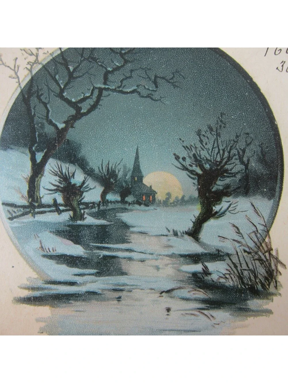 Antique Lithograph Print Samples Winter Snow Stream Night Moon Church House RARE